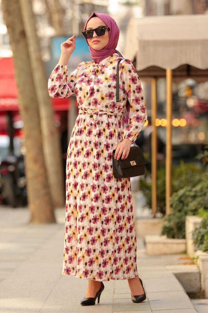 Nayla Collection - Çiçek Desenli Vişne Tesettür Elbise 8005VSN - 1