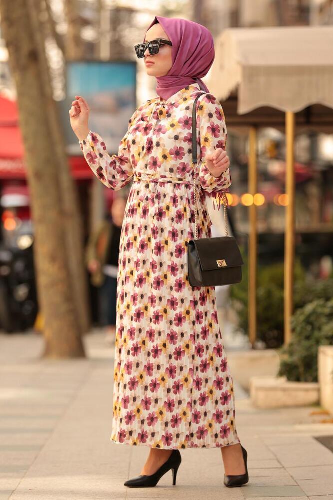 Nayla Collection - Çiçek Desenli Vişne Tesettür Elbise 8005VSN - 2