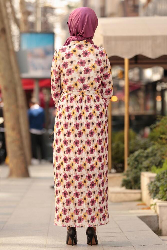 Nayla Collection - Çiçek Desenli Vişne Tesettür Elbise 8005VSN - 3