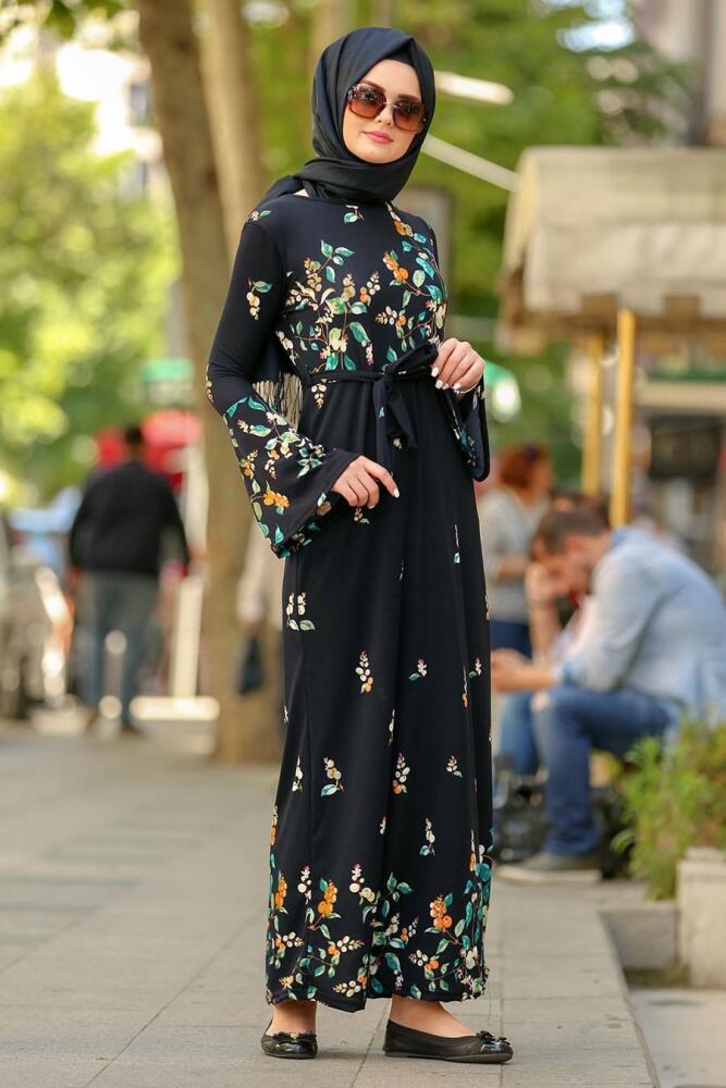 Nayla Collection - Çiçek Desenli Volan Kol Lacivert Tesettür Elbise 87701L - 1