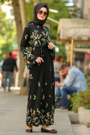 Nayla Collection - Çiçek Desenli Volan Kol Siyah Tesettür Elbise 87701S - Thumbnail