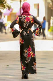 Nayla Collection - Çiçek Desenli Volan Kol Siyah Tesettür Elbise 8773S - Thumbnail