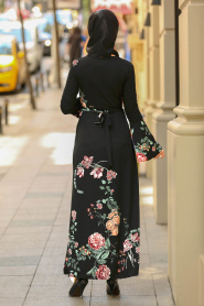 Nayla Collection - Çiçek Desenli Volan Kol Siyah Tesettür Elbise 8774S - Thumbnail