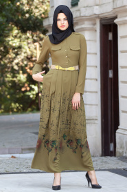 Nayla Collection - Çiçek Desenli Yağ Yeşili Tesettür Elbise 5270YY - Thumbnail