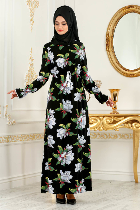 Nayla Collection - Çiçek Desenli Yeşil Tesettür Elbise 2471Y