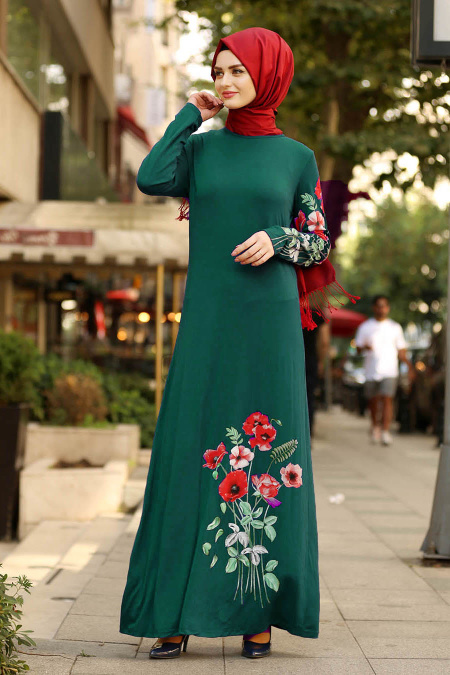 Nayla Collection - Çiçek Desenli Yeşil Tesettür Elbise 77950Y