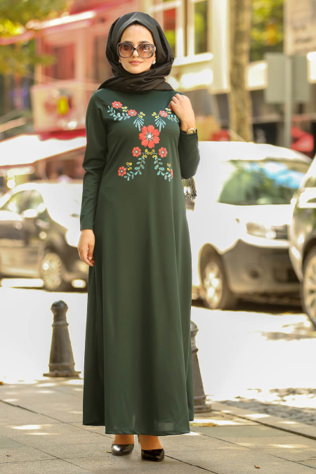Nayla Collection - Çiçek Desenli Yeşil Tesettür Elbise 79340Y