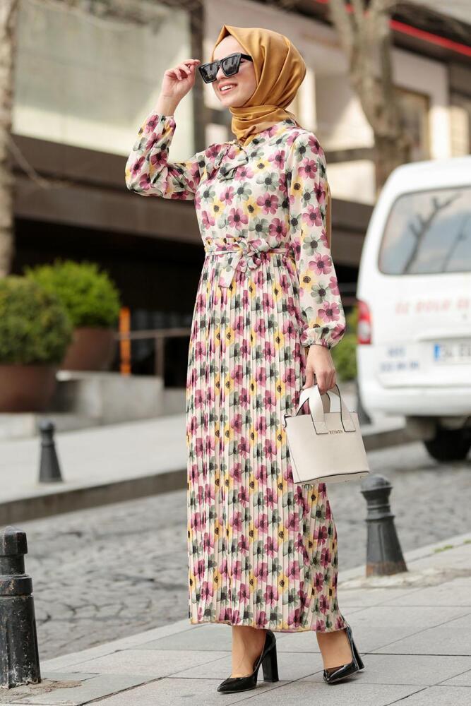 Nayla Collection - Çiçek Desenli Yeşil Tesettür Elbise 8005Y - 1