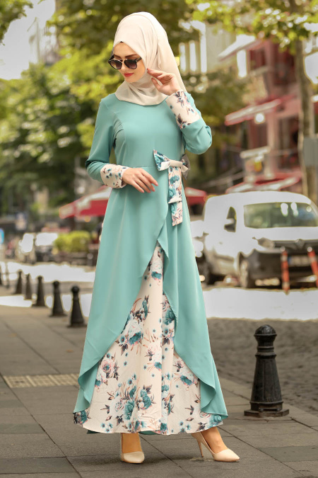 Nayla Collection - Çiçek Detaylı Çağla Yeşili Tesettür Elbise 100386CY