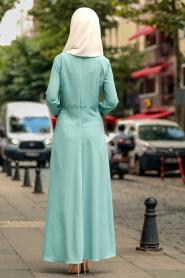 Nayla Collection - Çiçek Detaylı Çağla Yeşili Tesettür Elbise 100386CY - Thumbnail