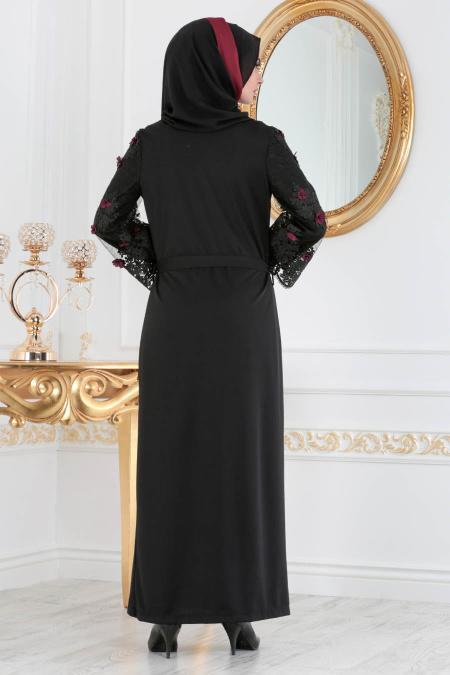 Nayla Collection - Çiçek Detaylı Fuşya Tesettür Kombin Abaya 100347F - 3