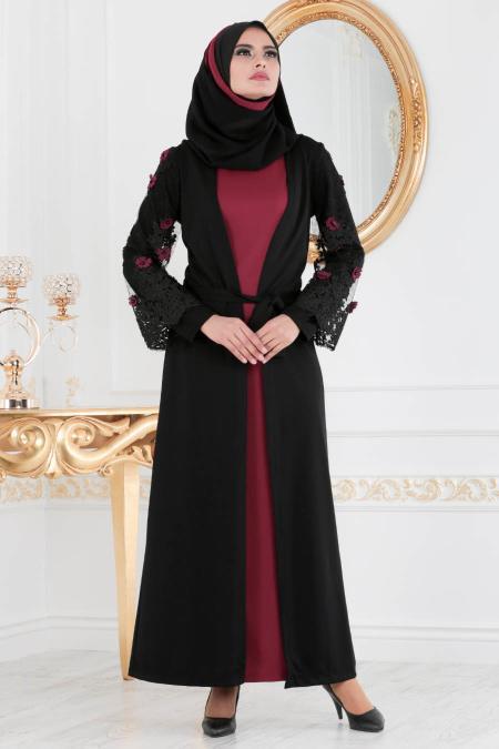 Nayla Collection - Çiçek Detaylı Fuşya Tesettür Kombin Abaya 100347F - 2