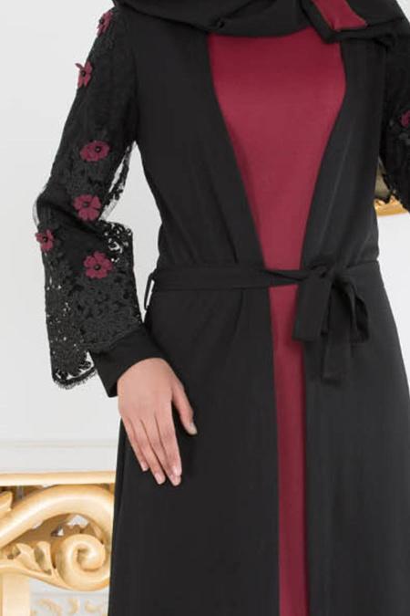 Nayla Collection - Çiçek Detaylı Fuşya Tesettür Kombin Abaya 100347F - 4