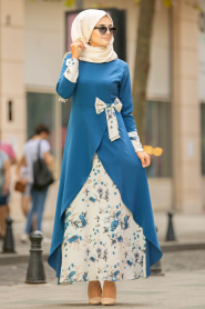 Nayla Collection - Çiçek Detaylı İndigo Mavisi Tesettür Elbise 100386IM - Thumbnail
