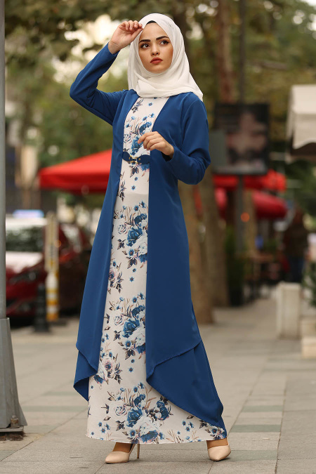 Nayla Collection - Çiçek Detaylı İndigo Mavisi Tesettür Elbise 100387IM