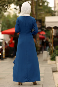 Nayla Collection - Çiçek Detaylı İndigo Mavisi Tesettür Elbise 100387IM - Thumbnail
