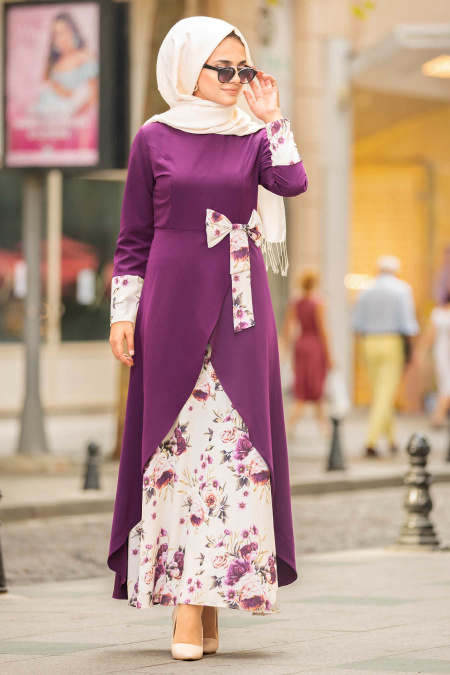 Nayla Collection - Çiçek Detaylı Mor Tesettür Elbise 100386MOR