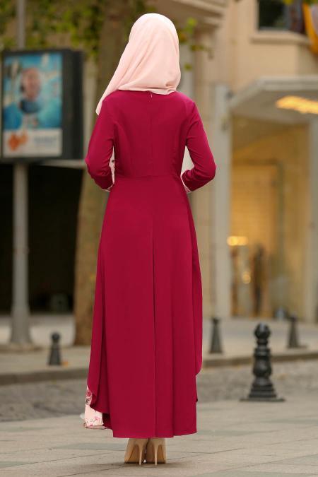 Nayla Collection - Çiçek Detaylı Mürdüm Tesettür Elbise 100386MU - 2