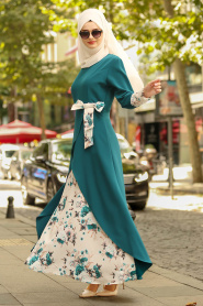 Nayla Collection - Çiçek Detaylı Petrol Yeşili Tesettür Elbise 100386PY - Thumbnail