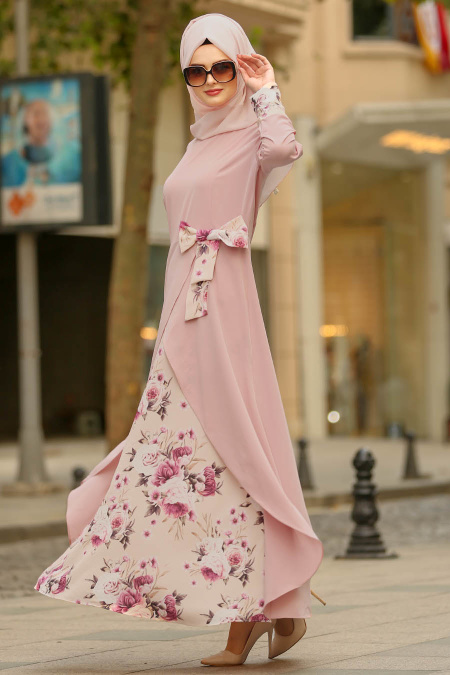 Nayla Collection - Çiçek Detaylı Pudra Tesettür Elbise 100386PD