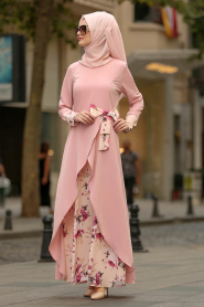 Nayla Collection - Çiçek Detaylı Somon Tesettür Elbise 100386SMN - Thumbnail