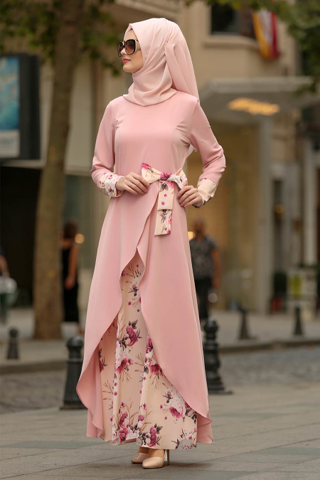 Nayla Collection - Çiçek Detaylı Somon Tesettür Elbise 100386SMN