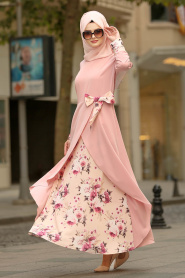 Nayla Collection - Çiçek Detaylı Somon Tesettür Elbise 100386SMN - Thumbnail