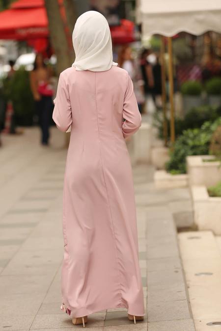 Nayla Collection - Çiçek Detaylı Pudra Tesettür Elbise 100387PD - 2