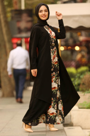 Nayla Collection - Çiçek Detaylı Siyah Tesettür Elbise 100387S - Thumbnail