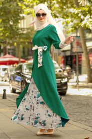 Nayla Collection - Çiçek Detaylı Yeşil Tesettür Elbise 100386Y - Thumbnail