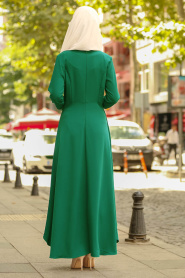 Nayla Collection - Çiçek Detaylı Yeşil Tesettür Elbise 100386Y - Thumbnail