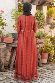 Nayla Collection - Çiçek Kemerli Kiremit Tesettür Elbise 1375KRMT - Thumbnail