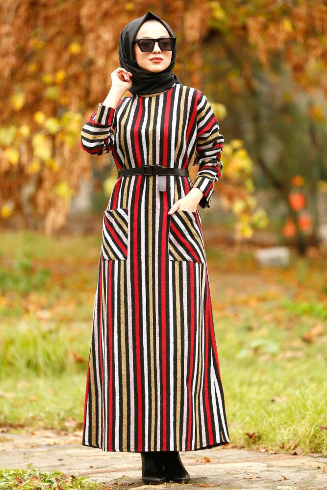 Nayla Collection - Çizgili Cepli Kırmızı Tesettür Elbise 2502K - 1
