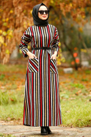 Nayla Collection - Çizgili Cepli Kırmızı Tesettür Elbise 2502K - Thumbnail