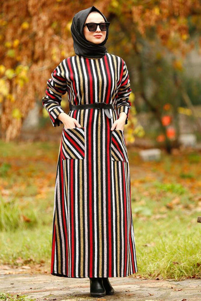 Nayla Collection - Çizgili Cepli Kırmızı Tesettür Elbise 2502K - 2