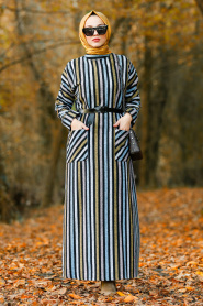 Nayla Collection - Çizgili Cepli Mavi Tesettür Elbise 2502M - Thumbnail