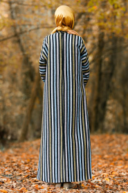 Nayla Collection - Çizgili Cepli Mavi Tesettür Elbise 2502M - Thumbnail