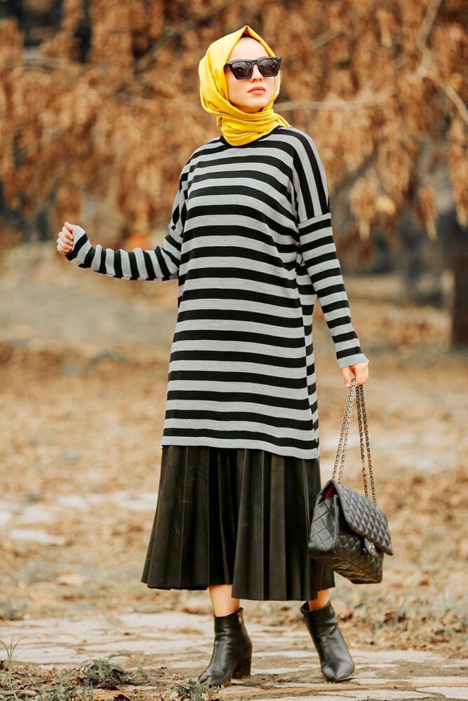Nayla Collection - Çizgili Gri Tesettür Triko Tunik 21061GR - 1