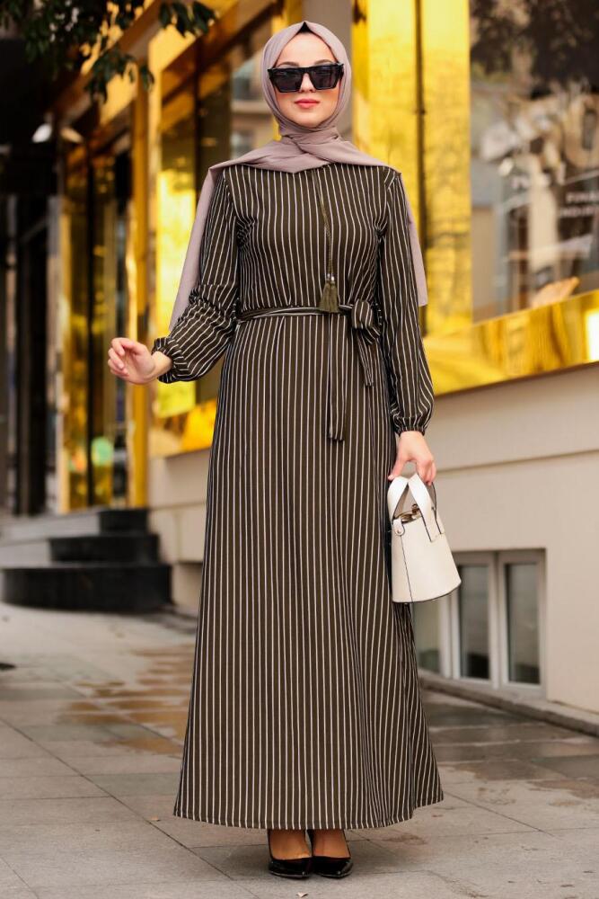 Nayla Collection - Çizgili Haki Tesettür Elbise 2396HK - 1