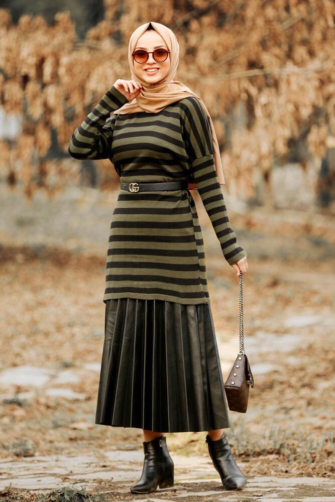 Nayla Collection - Çizgili Haki Tesettür Triko Tunik 21061HK - 1