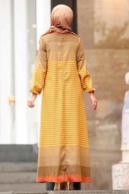 Nayla Collection - Çizgili Hardal Tesettür Elbise 4082HR - Thumbnail