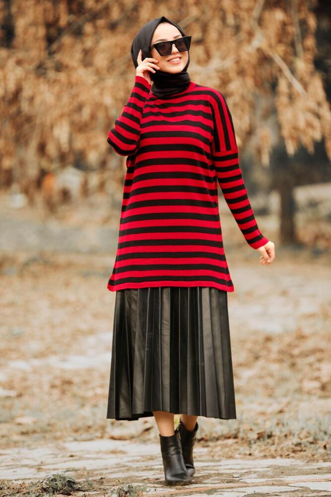 Nayla Collection - Çizgili Kırmızı Tesettür Triko Tunik 21061K - 1