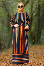 Nayla Collection - Çizgili Lacivert Tesettür Elbise 2407L - Thumbnail
