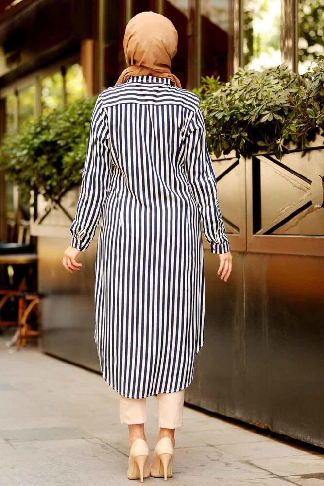 Nayla Collection - Çizgili Lacivert Tesettür Tunik 5692L - 2