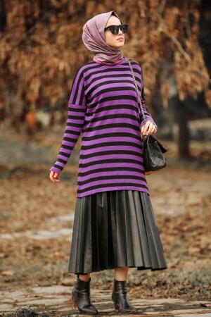 Nayla Collection - Çizgili Mor Tesettür Triko Tunik 21061MOR - 1