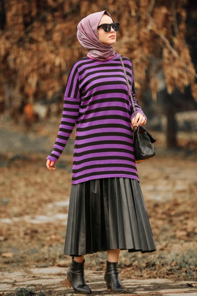 Nayla Collection - Çizgili Mor Tesettür Triko Tunik 21061MOR - 1