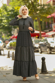 Nayla Collection - Çizgili Siyah Tesettür Elbise 100410S - Thumbnail
