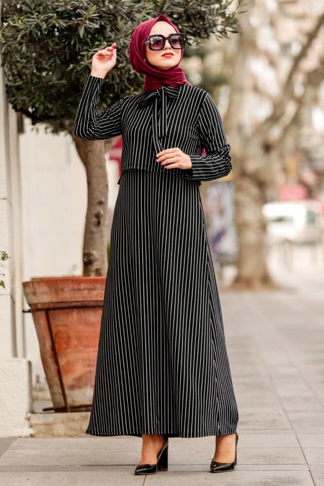 Nayla Collection - Çizgili Siyah Tesettür Elbise 20420S - 1