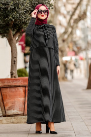 Nayla Collection - Çizgili Siyah Tesettür Elbise 20420S - Thumbnail