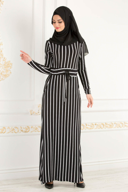 Nayla Collection - Çizgili Siyah Tesettür Elbise 21150S